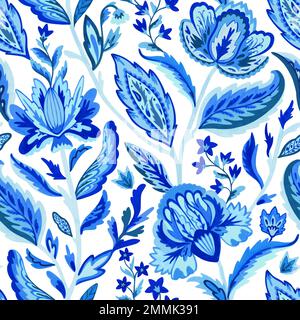 Blue paisley ornamental seamless pattern in indian style. Ornate decorative floral motif. Vector illustration Stock Vector