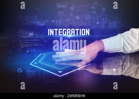 Hand touching digital table concept Stock Photo