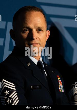 Chief Master Sgt. John Storms, command chief, Air Combat Command, discusses Agile Combat Employment at an Air and Space Force Association panel, on Sept. 20, 2022. Storms and other major command chiefs and a senior enlisted leader discussed the role Airmen have in ACE, as well as the future of the enlisted force. Stock Photo