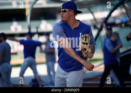 Milwaukee, WI, USA. 20th July, 2018. Los Angeles Dodgers shortstop Manny  Machado #8 is all smiles as he joins his new team just after the All-Star  break. Machado is seen here during