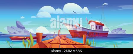 Fishing boats at pier in lake, river or sea harbor. Summer landscape with dock with boardwalk, wooden boat and fishery ship and stones in water, vector cartoon illustration Stock Vector