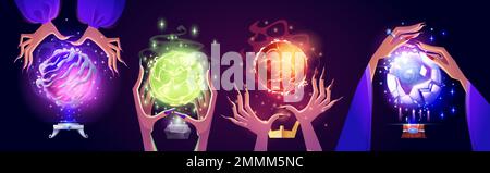 Cartoon set of witch hands with magic ball on dark background. Vector illustration of creepy female fingers with long nails holding fortune telling spheres glowing and sparkling. Witchcraft ritual Stock Vector