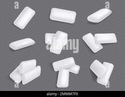 White chewing gums, mint candies for fresh breath. Piles of sweet menthol bubble gum pads, chewy candies isolated on transparent background, vector realistic illustration Stock Vector