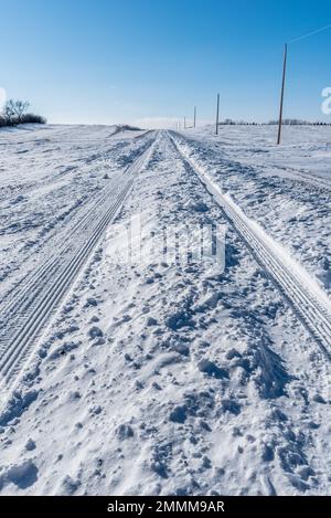 Vehicle tracks through deep snow on a rural road in Saskatchewan, Canada Stock Photo