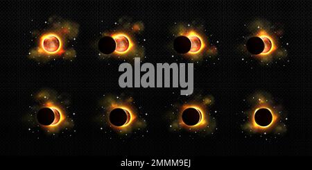 Sun and moon in solar eclipse in different phases. Outer space with total and partial solar eclipse, stars and smoke isolated on transparent background, vector realistic illustration Stock Vector