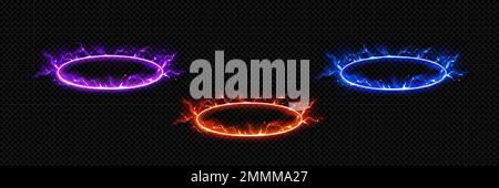 Round energy portal with lightnings. Circle electric frames with neon glow and discharges in angle view. Blue, red and purple electric rings isolated on transparent background, vector realistic set Stock Vector