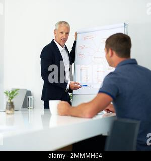 Some one on one training. a mature businessman giving a presentation in the boardroom. Stock Photo