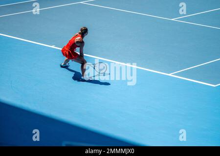 tennis fan watching a tennis match at the australian open eating food and drinking in australia Stock Photo