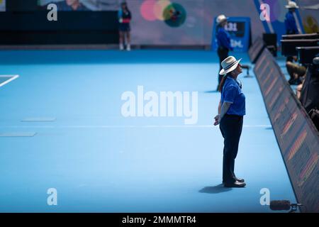 public event with security guards on court at the tennis in melbourne australia in summer Stock Photo