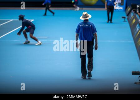 public event with security guards on court at the tennis in melbourne australia in summer Stock Photo