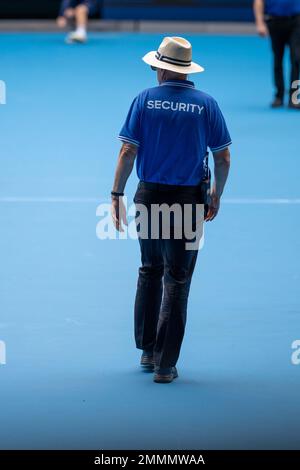 public event with security guards on court at the tennis in melbourne australia in summer Stock Photo