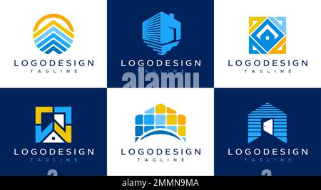 Home solar logo design set. Glass house logo branding. Stock Vector