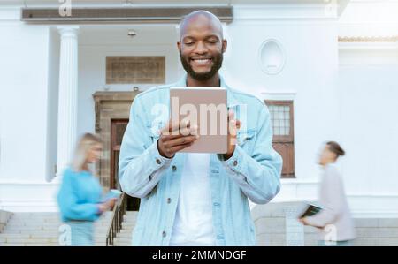 Black man, university student and tablet at outdoor campus with smile, learning and opportunity for education. Young african guy, mobile touchscreen Stock Photo