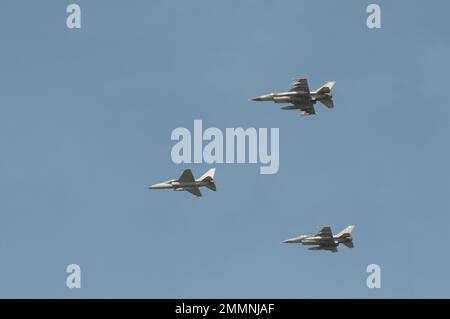 NAKHON PATHOM, THAILAND - January 14, 2023 : stunt flying, the performance of aerial feats Military F16 fighter jet and T-50 Golden Eagle fighter jet Stock Photo