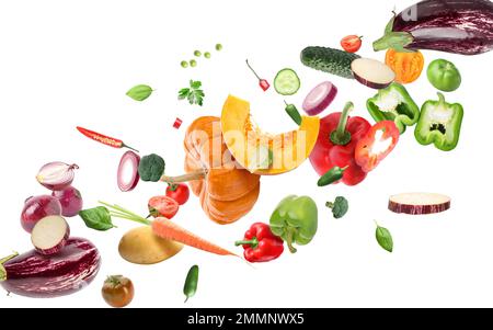 Flying fresh vegetables on white background Stock Photo