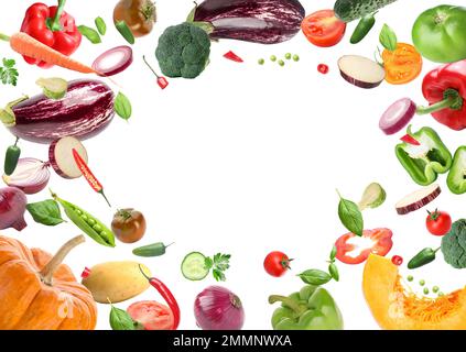 Frame made of flying fresh vegetables on white background. Banner for design Stock Photo