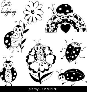 Cute ladybugs. Collection small insect ladybird on rainbow and flower. Vector illustration. Isolated hand drawings doodle Stock Vector