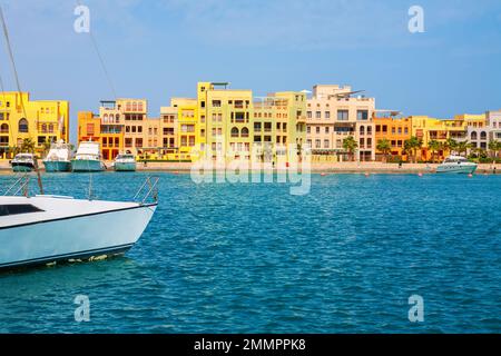 View of new marina and boats in El Gouna city. Egypt Stock Photo