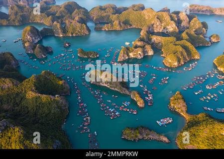 Aerial view of Lan Ha bay in Ha Long bay UNESCO area. Lan Ha Bay is made up of around 300 karst islands and limestone sea rocks and can be found south Stock Photo