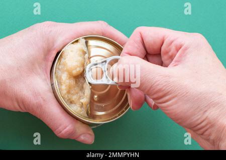 The hands of an adult open food for cats and dogs, on a green background. Top view, copy space. Close-up. Stock Photo