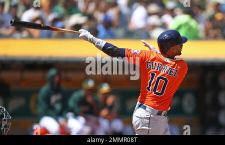 Houston Astros Yuli Gurriel swings and loses his bat in the third inning of  a baseball game against the Atlanta Braves Saturday, Aug. 20, 2022, in  Atlanta. (AP Photo/Hakim Wright Sr Stock