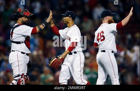 Boston Red Sox players, from left, Christian Vazquez, Xander Bogaerts, Matt  Barnes, Marwin Gonzalez and Rafael Devers celebrate after defeating the New  York Yankees during a baseball game, Friday, June 25, 2021