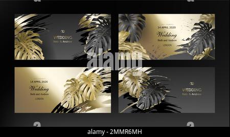 Tropical black gold monstera leaves on dark background vector set Beautiful botanical design with tropic jungle leaves, exotic plant and golden paint smear Wedding invitation card, holiday sale Stock Vector