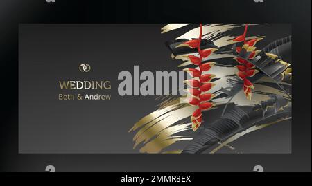 Tropical black gold leaves on dark gray background vector poster. Beautiful botanical design with golden smear, tropic jungle leaves, exotic red flower Wedding ceremony invitation card, holiday sale Stock Vector