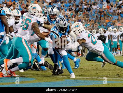 Carolina Panthers' Cameron Artis-Payne (34) runs through Miami Dolphins'  Quincy Redmon (66) and Torry McTyer (24) for a touchdown in the second half  of a preseason NFL football game in Charlotte, N.C., Friday, Aug. 17, 2018.  (AP Photo/Mike McCarn