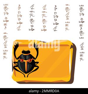 Stone board or clay tablet with scarab beetle and Egyptian hieroglyphs cartoon vector illustration Ancient object for recording storing information, graphical user interface for game design on white Stock Vector