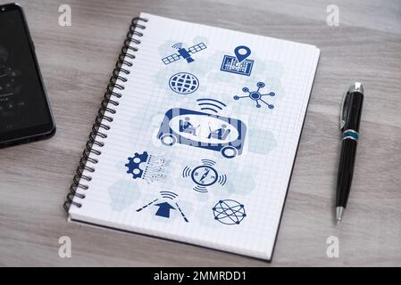 Self-driving car concept drawn on a notepad Stock Photo