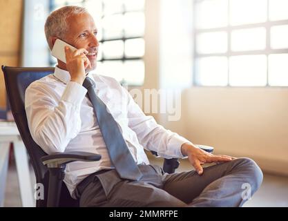 He calls the shots around here. a mature businessman using his phone in the office. Stock Photo