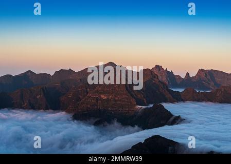 Amazing view to higjhest hills of Madeira island from Bica da Cana during sunset Stock Photo