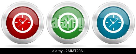 Time, clock, watch vector icon set. Red, blue and green silver metallic web buttons with chrome border Stock Vector