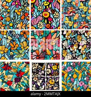 Set of stained glass patterns with flowers and leaves. Colorful