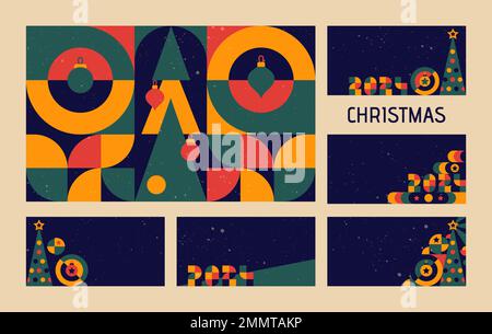 Christmas Bauhaus geometric set. New year geometric design shapes with noise. Stock Vector