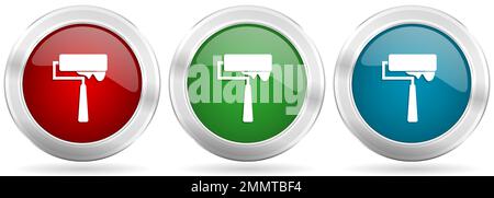 Paintroll vector icon set. Red, blue and green silver metallic web buttons with chrome border Stock Vector