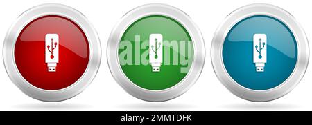 Usb vector icon set. Red, blue and green silver metallic web buttons with chrome border Stock Vector
