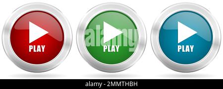 Play vector icon set. Red, blue and green silver metallic web buttons with chrome border Stock Vector