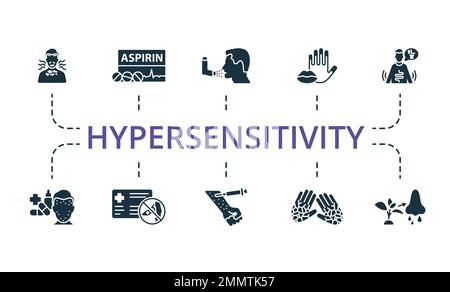 Hypersensitivity icon set. Monochrome simple Hypersensitivity icon collection. Dermatitis, Aspirin, Asthma, Cyanosis, Diarrhea, Drug Allergy, Allergy Stock Vector