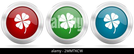 Four-leaf clover vector icon set. Red, blue and green silver metallic web buttons with chrome border Stock Vector