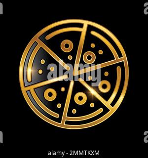 A vector Illustration of Golden Luxury Pizza Vector Icon in black background with gold shine effect Stock Vector