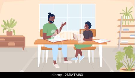 Parent supporting son to solve math assignment flat color vector illustration Stock Vector