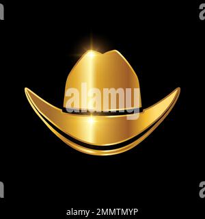 Golden Cowboy Hat Vector Sign Illustration with Gold Shine Effect In black background Stock Vector