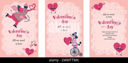 Creative, cute valentines day pink template for social media with funny animal greeting for card, poster, banner.  Stock Vector