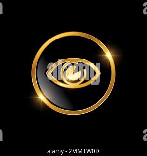 Golden Eye Symbol Vector Sign Illustration in black background with gold shine effect Stock Vector