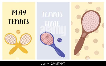 Tennis tournament postcards and banners in different colors. Sport doodle style illustrations greeting cards with tennis racquets. Stock Vector