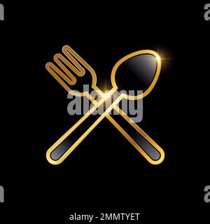 Golden Luxury Spoon and Fork Cross Icon Illustration in black background with gold shine effect Stock Vector