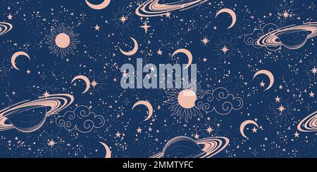 Seamless space pattern with planets, sun and clouds on a blue starry background, boho moon ornament. Mystical heavenly banner for astrology, zodiac, f Stock Vector