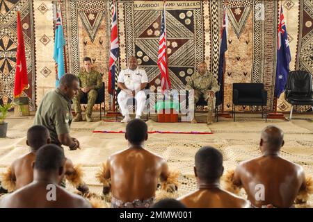Col. Cain Wright, Australian Defence Force defence advisor, Commodore Humphrey Tawake, Republic of Fiji Military Forces deputy commander, Maj. Gen. Reginald G.A. Neal, U.S. Army Pacific deputy commander – mobilization and reserve affairs, left to right, preside over the traditional kava portion of the closing ceremony festivities for Exercise Cartwheel at Blackrock Training Camp, Fiji, September 23, 2022. Exercise Cartwheel is a multilateral military-to-military training exercise with the U.S., Republic of Fiji Military, Australian, New Zealand, and British forces that builds expeditionary rea Stock Photo
